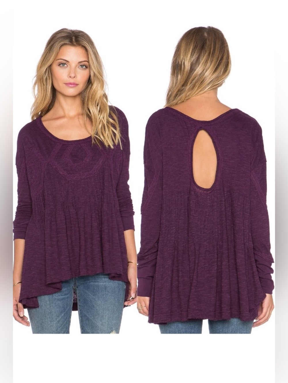Free People New Hope Baby Doll Eggplant Long Sleeve Peplum Knit Top